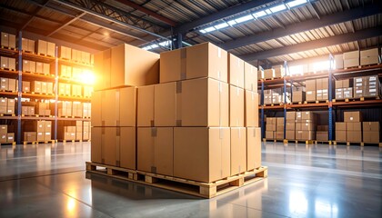 Sunlit warehouse interior with numerous cardboard boxes stacked on a pallet