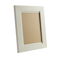 Vintage rectangular photo frame, distressed off-white border, aged paper texture, isolated on transparent background with copy space, high-key studio light, 3/4 view. Concept of versatile visual
