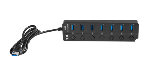 A USB 3.0 hub with 7 ports and power buttons on a white background offers versatile connectivity. Its compact design suits various tech needs.
