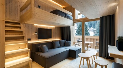 Cozy wooden cabin interior with loft bed