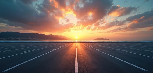 Empty coastal parking lot at sunset, with city landscape in background. Sun sets over ocean, casting golden light on water, clouds. Asphalt road with white lines leads towards horizon, creating sense