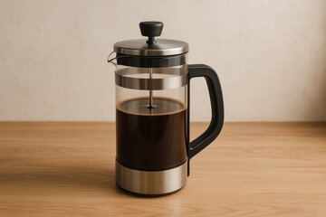 Brewed coffee in French press, side handle
