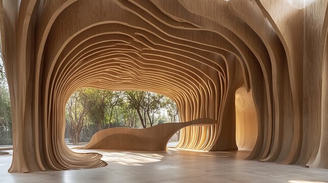 Wooden architectural structure, sculpted, flowing forms, natural light, interior space