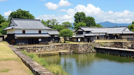 Obraz premium Japanese castle courtyard with moat and traditional buildings