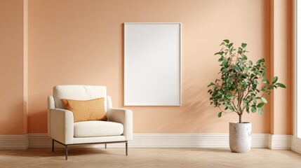 A beige, peachy-toned room with a framed poster