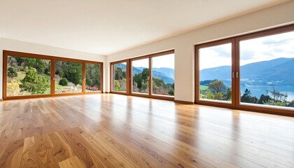 Obraz premium Spacious empty room with hardwood floors and large windows offering scenic mountain views