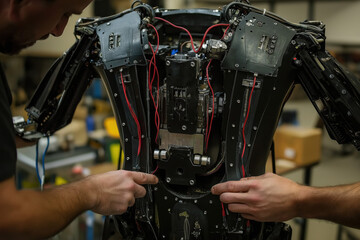 Fototapeta na wymiar Engineer Assembling Humanoid Robot Internals