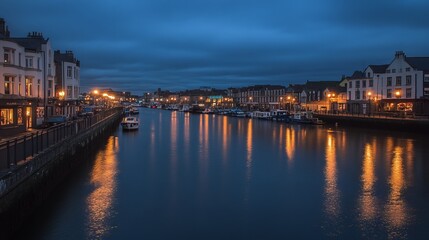 Obraz premium Canal town at dusk, lights reflecting on water