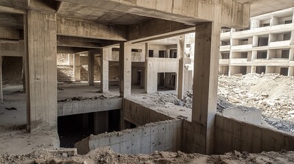 Interior of a derelict concrete building under construction, showing a complex of unfinished floors and support beams