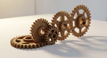 Wooden gears interlocking on a white surface, close-up view
