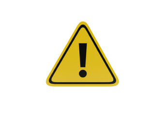 A pristine yellow triangular warning sign with sharp edges and a bold black exclamation mark, isolated on a pure brilliant white studio background, concept of business risk and alert