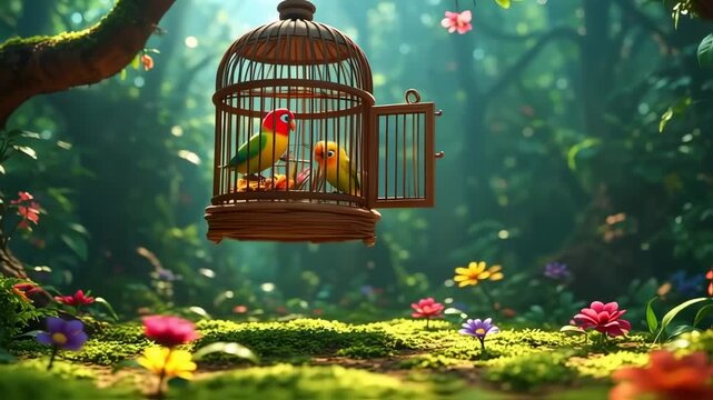 Enchanting forest scene with vibrant birds escaping ornate birdcage, blossoming spring