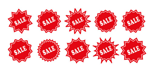 Sale discount promo boxes. Red splash badges. Star burst price stickers, stamps. Set of circle tag product labels. Starburst shapes isolated on white background. Vector illustration.