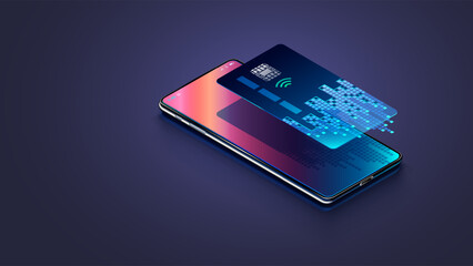 Fototapeta na wymiar Virtual or Digital bank card over screen phone. Digital bank card isometric 3d. Mobile Banking technology. Online payment transaction via digital credit card. Internet digital bank technology.