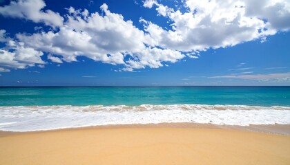 Fototapeta premium Sunny beach scene with turquoise water, white waves gently lapping the golden sand under a vibrant blue sky dotted with fluffy clouds
