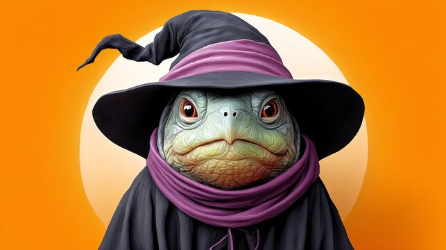 Cartoonish frog wearing a purple hat and a purple scarf. The frog has a witch's hat on and is looking at the camera