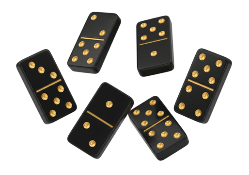 Multiple black and gold dominoes isolated on transparent background