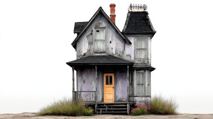 House with a yellow door sits on a dirt field. The house is old and run down, with peeling paint and a weathered appearance. The surrounding area is barren and desolate