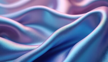 Obraz premium Smooth blue, purple iridescent satin fabric creates flowing waves of color. Shiny textile features subtle gradient, holographic effect, perfect for luxurious fashion, clothing, decorative designs.