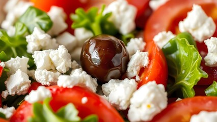Macro shot of a fresh salad with feta, tomatoes, green leaves, and an olive.