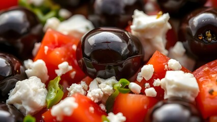 Macro shot of a vibrant salad with black olives, feta, and tomatoes.