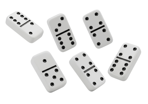 White domino tiles with black pips and dividing lines isolated background