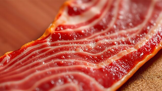 Detailed macro shot of raw cured meat slices with glistening fat. - Powered by Adobe