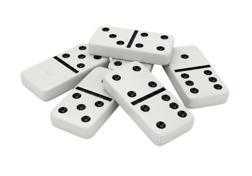 White domino tiles with black pips and dividing lines isolated background