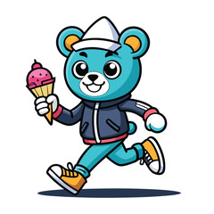 Teddy bear cartoon illustration with ice cream snowboard and ice skates in a fun winter design