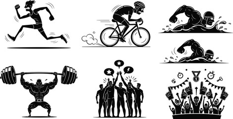 Athletes in action, running, swimming, cycling, weightlifting, teamwork, cheering crowd, sports competition, cartoon fitness silhouette vector illustration