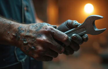 Worker hands with wrench, covered in grease and dirt. Focus on dirty gloves and metal tool. Mechanic performs repair, manual labor in workshop. Strong hands, skillful work with spanner.