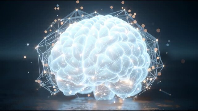 A 3D model of a glowing brain with pulsing neurons and mind impulses. Artifical intelligence model, chat bot. 