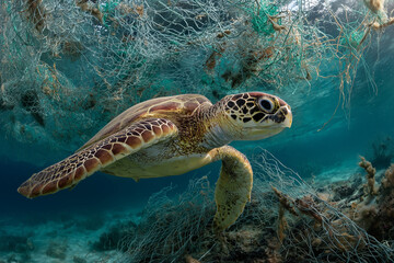 Fototapeta premium A green sea turtle glides gracefully beneath the water's surface. The turtle is caught in a tangle of fishing net debris, showcasing the impact of ocean pollution on marine life