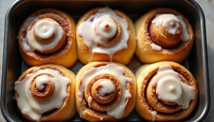 Fototapeta premium Six warm, gooey cinnamon rolls baked with spice and sweetness, generously topped with white icing glaze. Fluffy dough, buttery pastry with golden brown swirls, a delicious homemade treat.