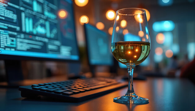 Professionals analyze data on computer screens in modern office, managing logistics, enjoying Pinot Grigio. Workspace features technology for efficiency, productivity, strategic decision-making.
