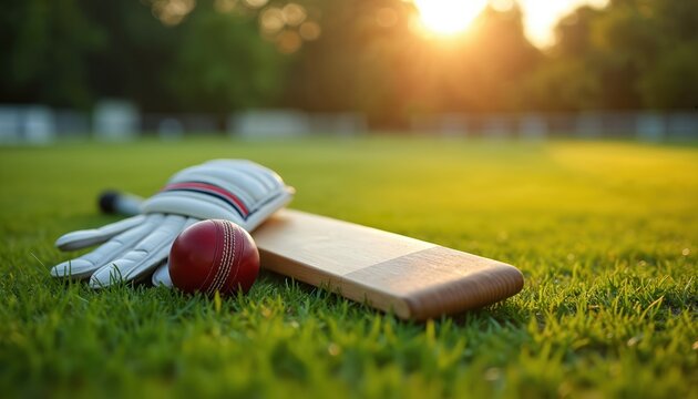 Close-up of cricket equipment bat, ball, gloves resting on green grass. Out-of-focus cricket pitch in background adds depth. Sunlight illuminates scene, sports gear. Represents athletic competition,