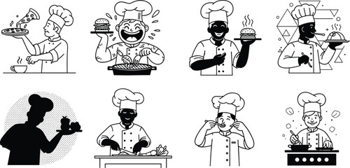 Cartoon chefs cooking, tasting, grilling, serving pizza, burger, soup, and tea, kitchen activities, culinary art, food preparation, joyful cooking scenes