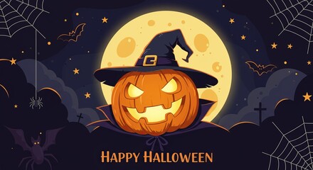 Fototapeta premium Spooky Halloween Pumpkin with Witch Hat and Full Moon Background