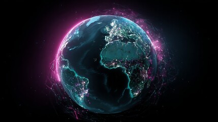 Futuristic Glowing Earth with Neon Aura and Global Connectivity.