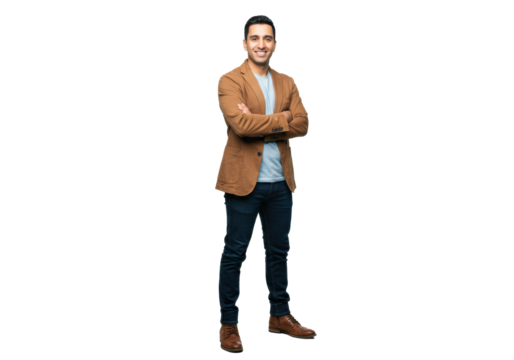 Young Middle Eastern man, early 30s, brown blazer, blue t-shirt, jeans, brown boots, standing confidently, smiling on white background, concept of contemporary corporate professionalism - Powered by Adobe