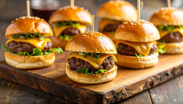 Mini sliders with beef patties and cheese.  - Powered by Adobe