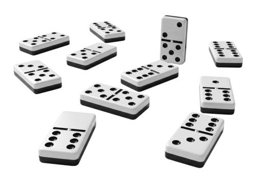 White domino tiles with black pips and dividing lines isolated background
