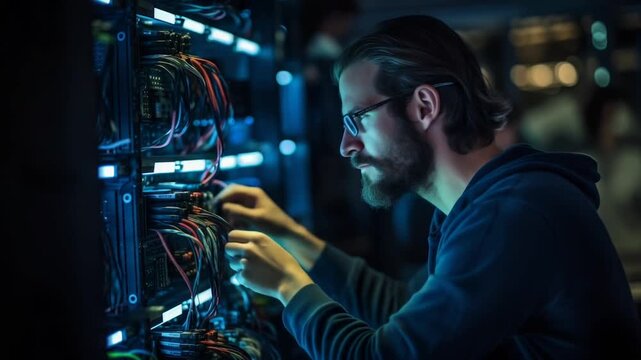 IT engineer fixing cables in data center  
