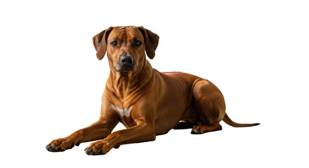 Obraz premium A majestic reddish-brown Rhodesian Ridgeback rests peacefully on a textured rug in a modern, light-filled home office with minimalist furniture and a potted plant, concept of peaceful domestic