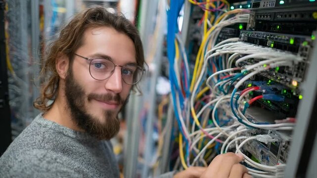 IT engineer fixing cables in data center  
