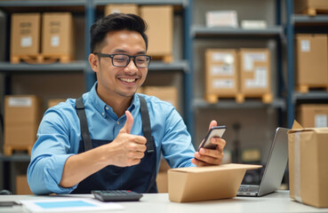 Asian small business owner smiles using smartphone app for parcel management in warehouse. Seller checks retail dropshipping package, scans barcode, gives thumbs up. Successful online commerce,
