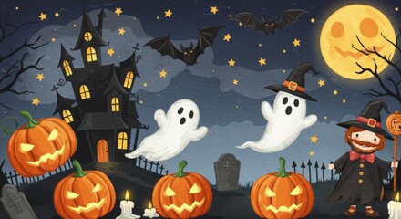 Halloween Night with Haunted House, Ghosts, and Pumpkins