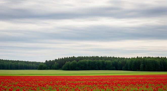 A vast field of vibrant red poppies stretches before a dense line of trees under a cloudy sky. - Powered by Adobe