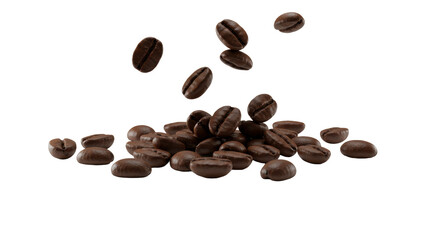 Naklejka premium Dark roasted, distinct coffee beans, rich deep brown and black, mid-scatter on a transparent seamless surface with ample negative space, conveying dynamic energy. Concept for coffee advertising