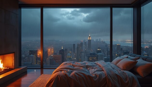 Cosy bedroom view from luxury apartment window overlooking city skyline during rainfall. Warm fireplace glows beside bed piled with soft blankets. Nighttime cityscape with illuminated towers, city